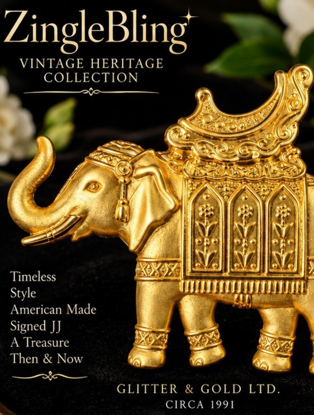 Vintage JJ Jonette Glitter & Gold Elephant Brooch Gold Plated 1991